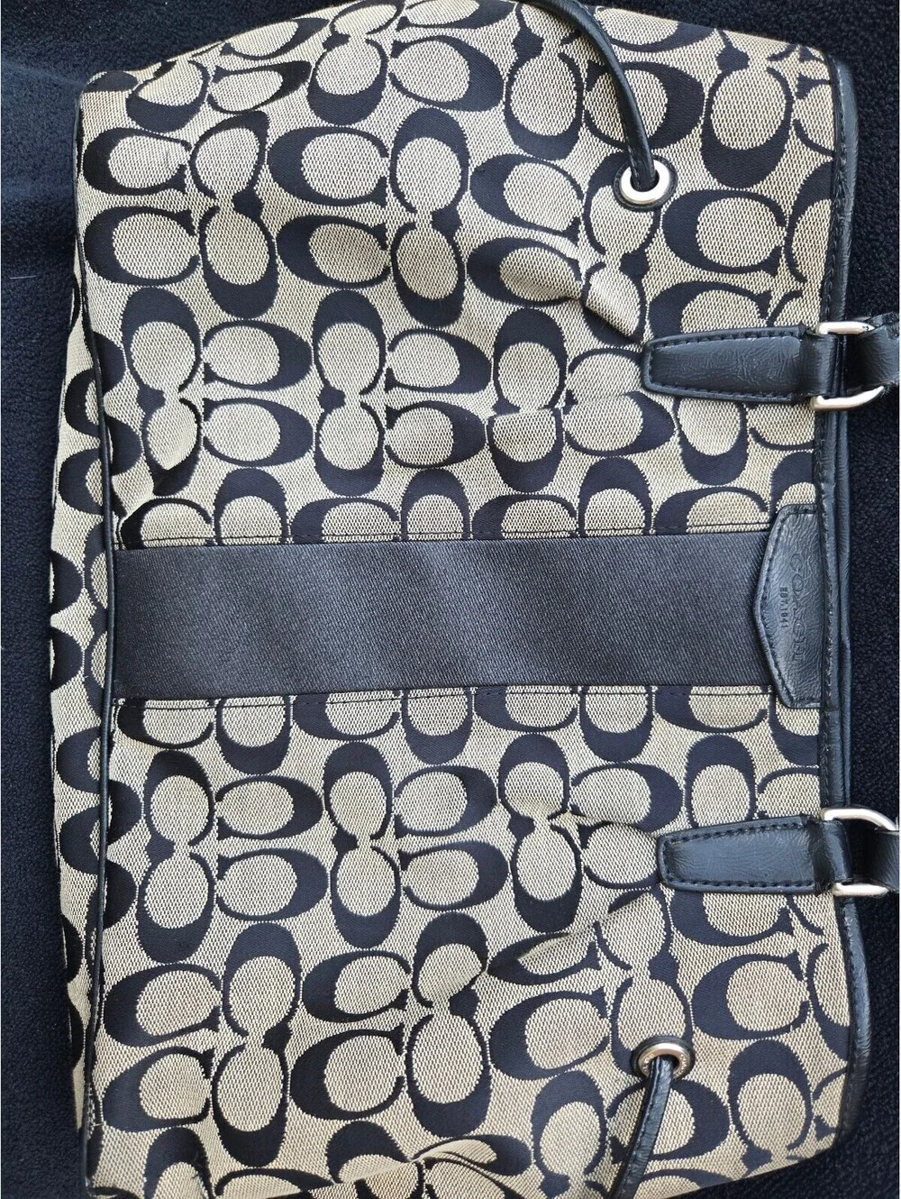 Coach F28501 Signature Tote Bag Khaki Black Canvas Leather Shoulder Purse